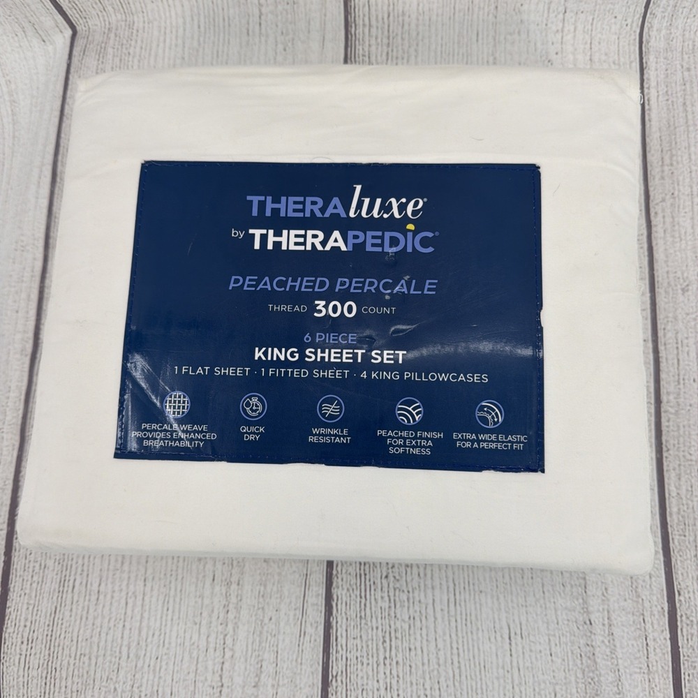 TheraLuxe by Therapedic Sheet Set KING White 300 TC Cooling Peached Percale